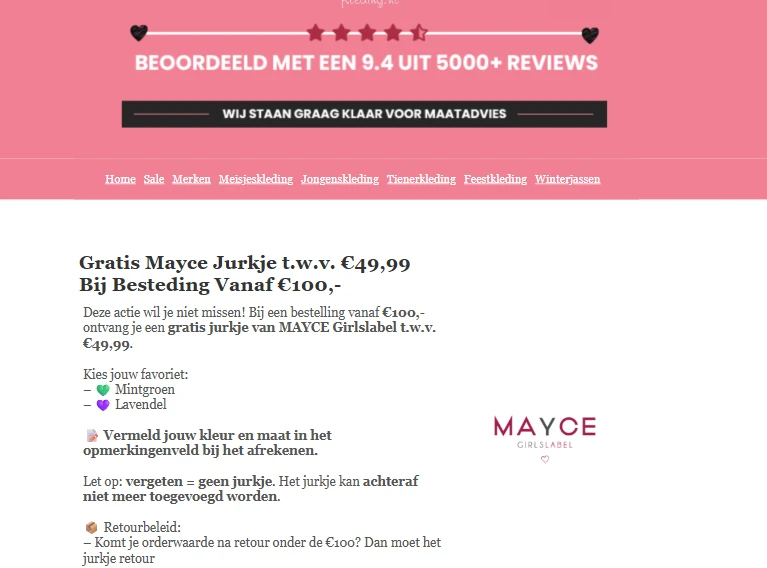 Gratis Mayce Jurkje t.w.v. €49,99 bij merkmeisjeskleding.nl