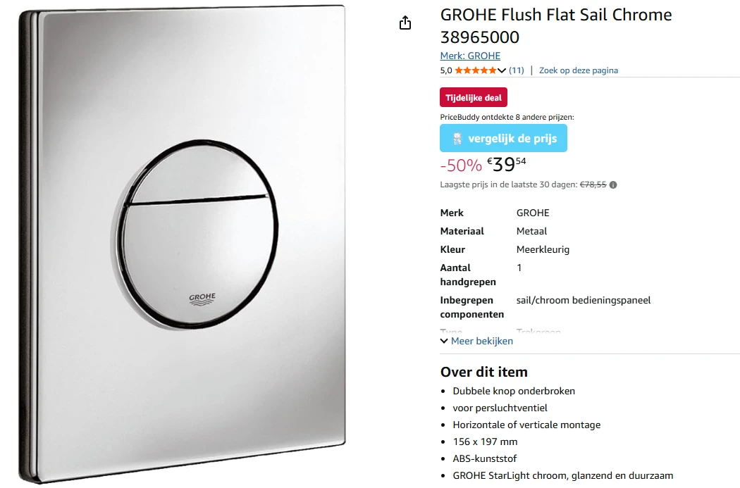 Grohe spoelknop in chroom voor €39,54 ipv €78,55 op Amazon BE