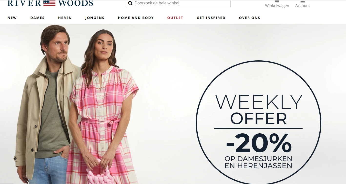20% korting op alle damesjurken en heren- en boysjassen bij riverwoods