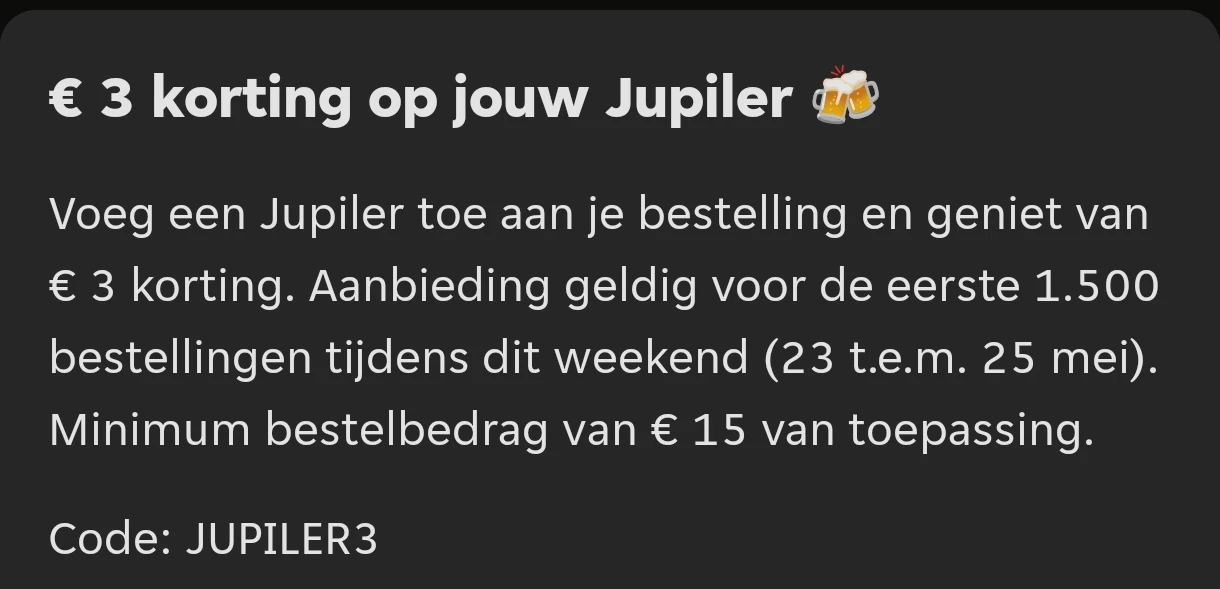 3€ korting op Jupiler bij Takeaway