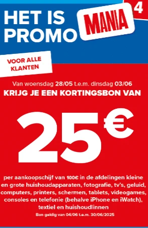 €25 korting per €100 aankoop elektro, textiel, huishoudlinnen... bij carrefour