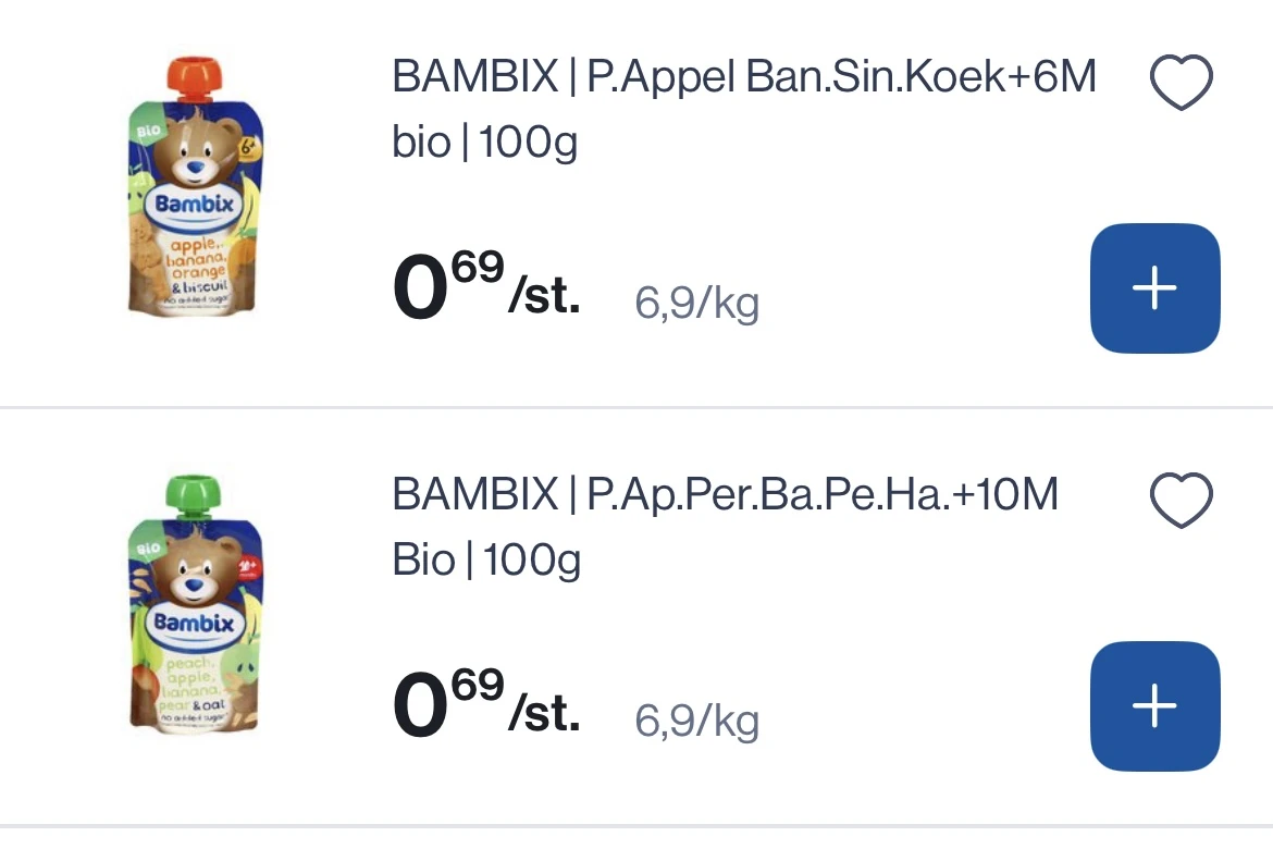 Bambix groeimelk en knijpzakjes goedkoper