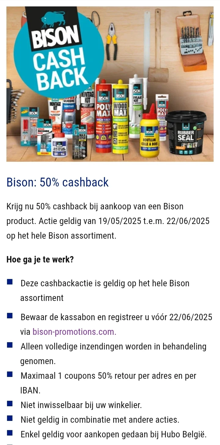 Bison: 50% cashback na aankoop bij Hubo