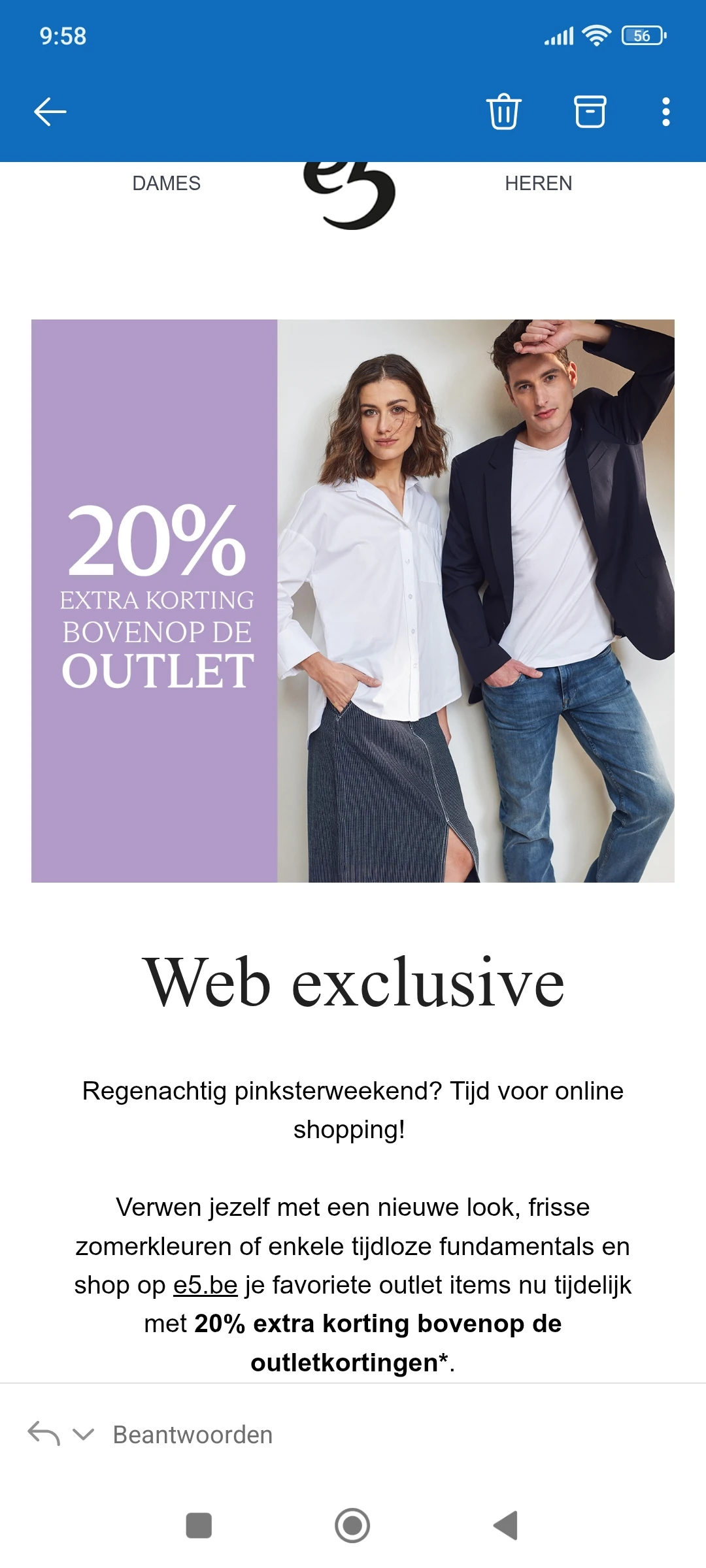 20% extra korting op de outlet (tot -60%) bij e5.be