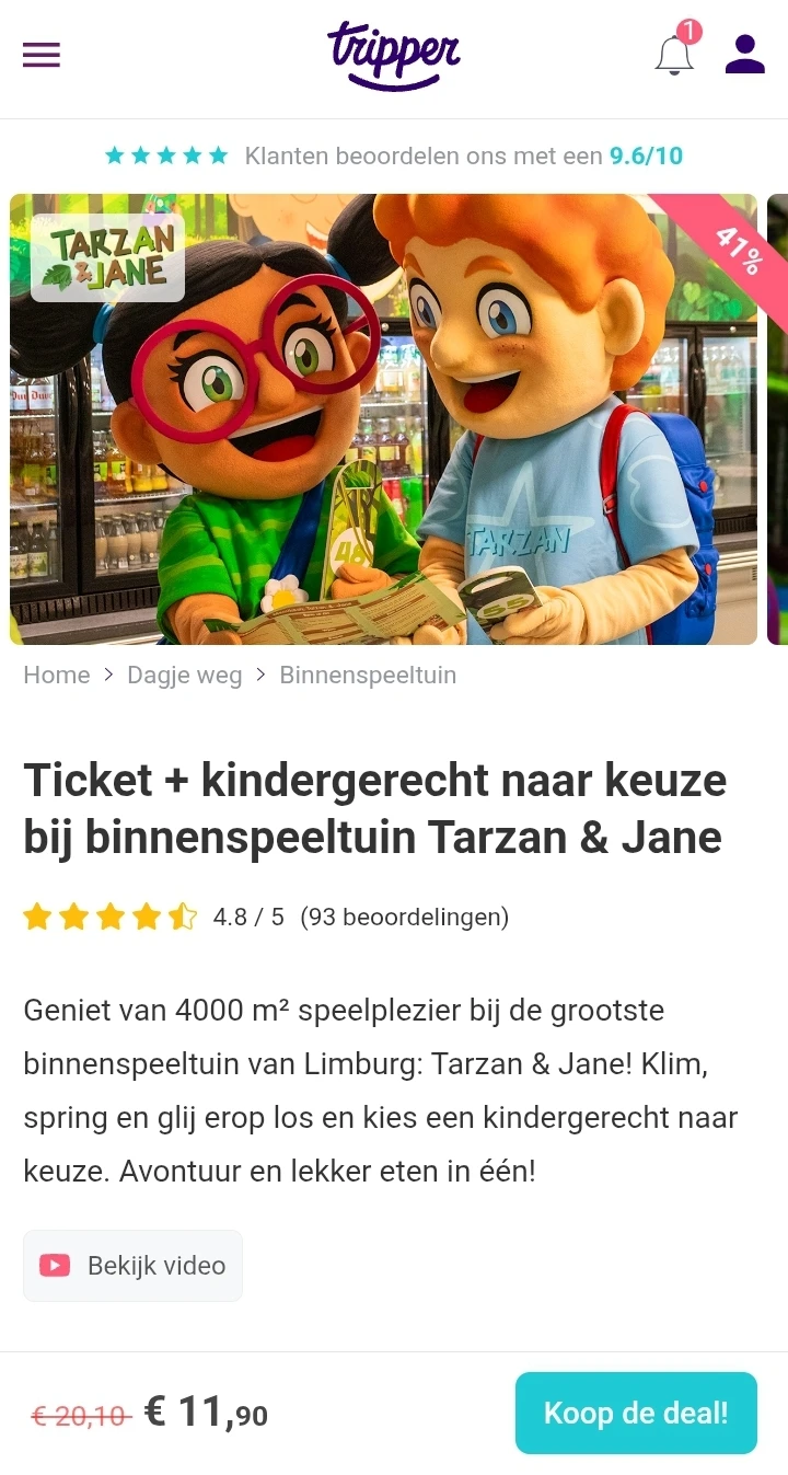 Ticket + kindergerecht bij binnenspeeltuin Tarzan & Jane voor €9,40