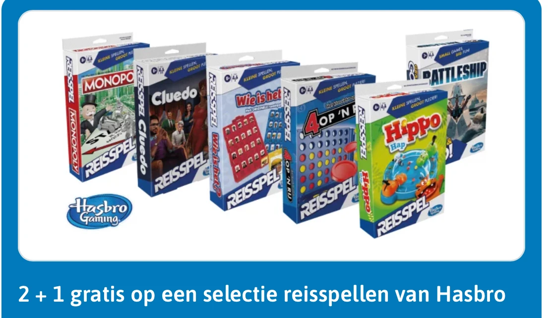 2 + 1 gratis op reisspellen Hasbro