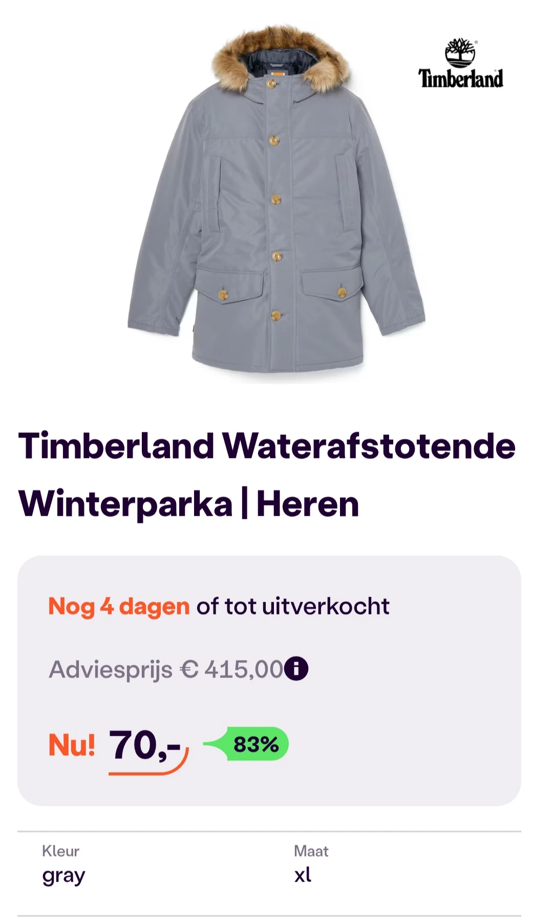 Timberland winterparka grijs enkel maat xl -83% op ibood.com