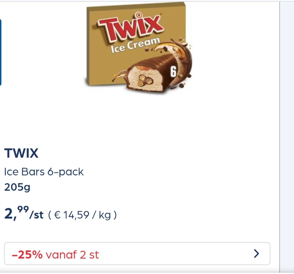 Twix ice bars 6-pack 205g -25% extra