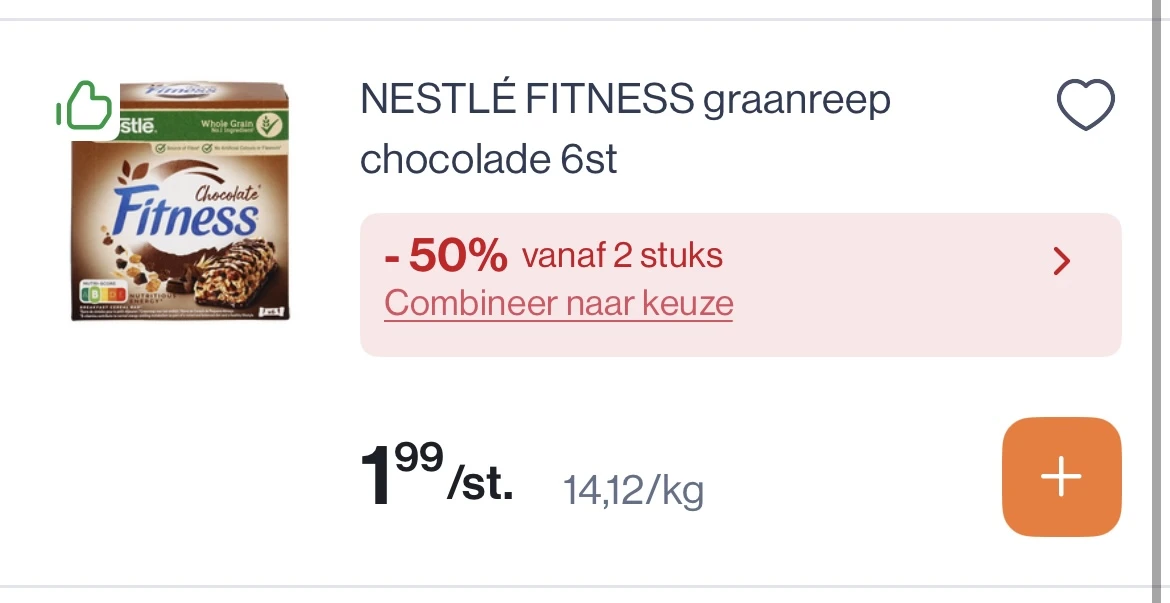 Nestlé fitness Graanrepen chocolade 6 stuks veel goedkoper -50% bovenop reactie carrefour 1+1