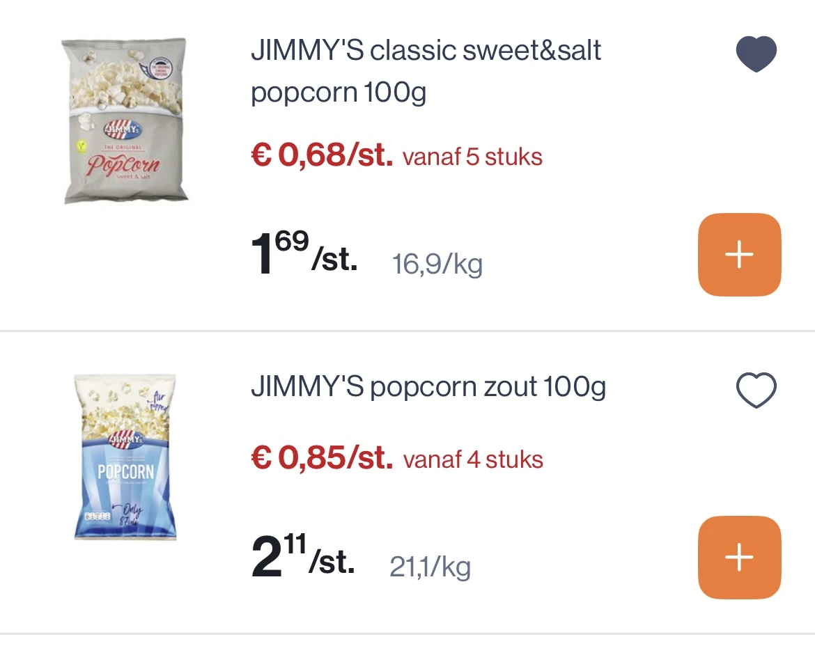 Jimmy’s popcorn 100 gram reactie Albert heijn 2+3