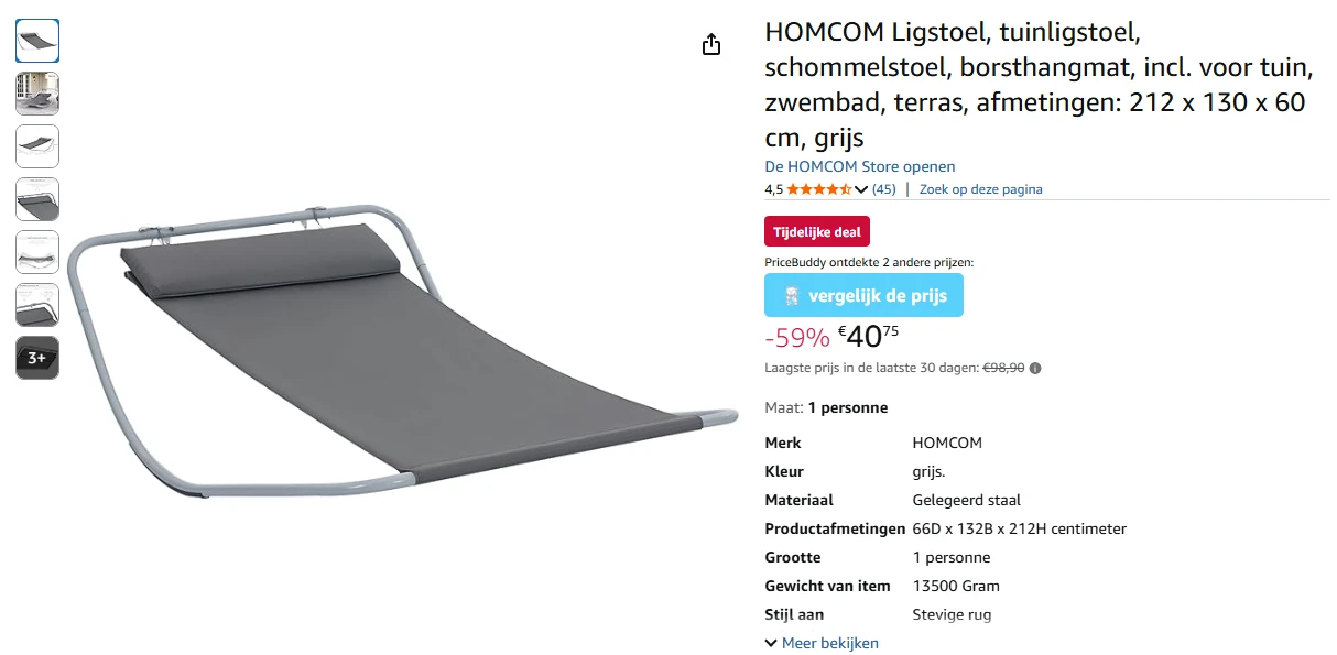 HOMCOM Ligstoel, tuinligstoel, schommelstoel met 59% korting bij Amazon BE