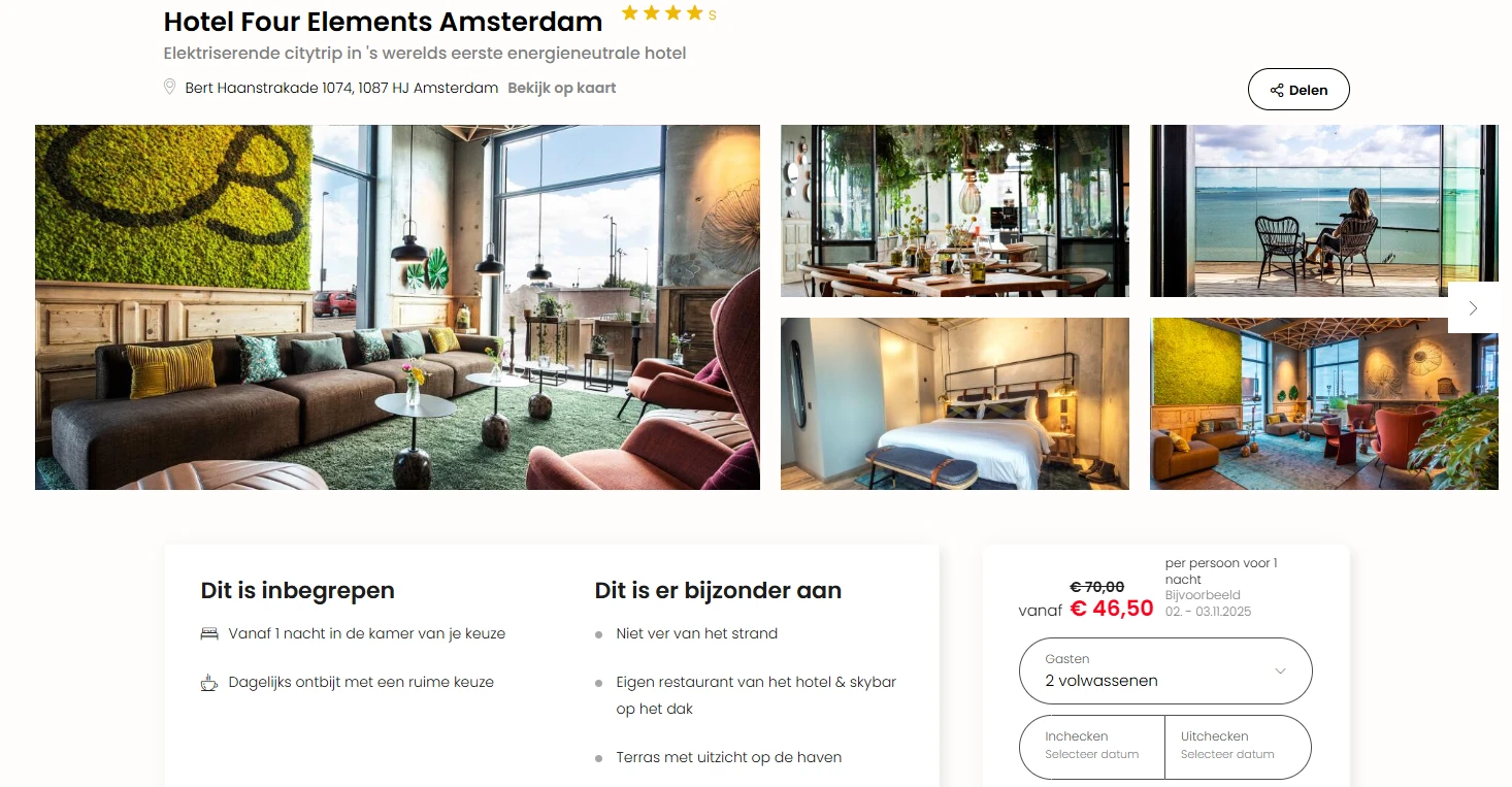 Four Elements Hotel Amsterdam – vanaf €46,50 p.p. via Travelcircus
