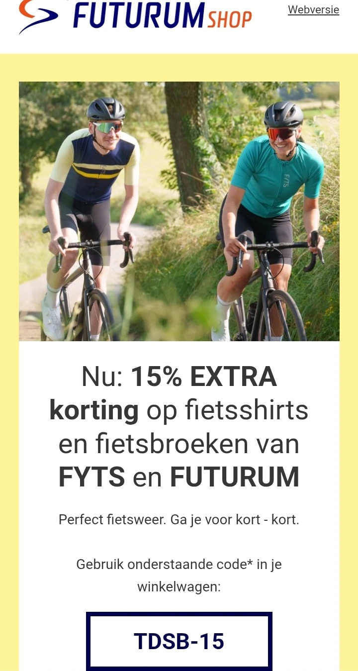 15% EXTRA korting op fietsshirts en fietsbroeken van FYTS en FUTURUM