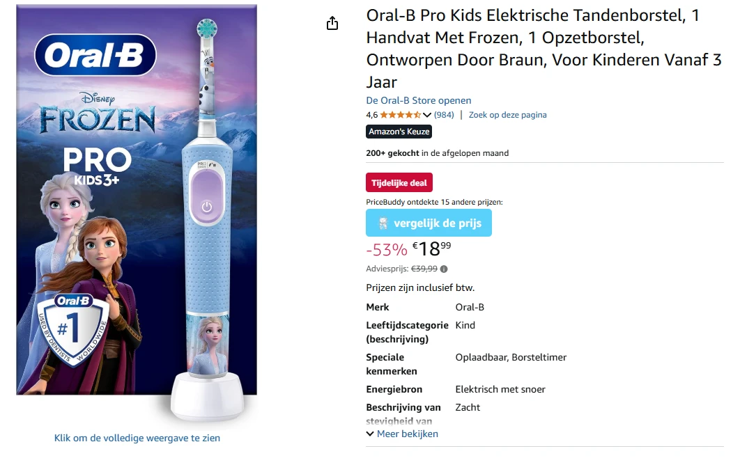 Oral-B Pro Kids Elektrische Tandenborstel voor €18.99 ipv €39.99 op Amazon NL