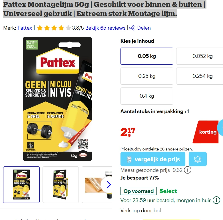 Pattex Montagelijm 50g en Pattex Houtlijm Express 250 gram