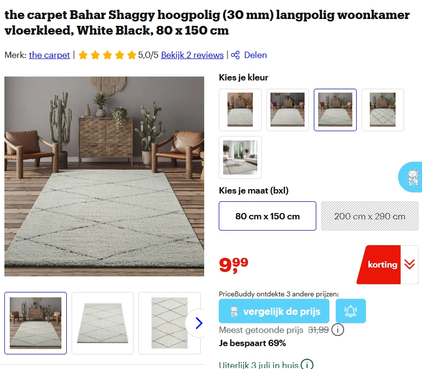 Vloerkleed White/Black - 80x150 cm (30 mm dikte)