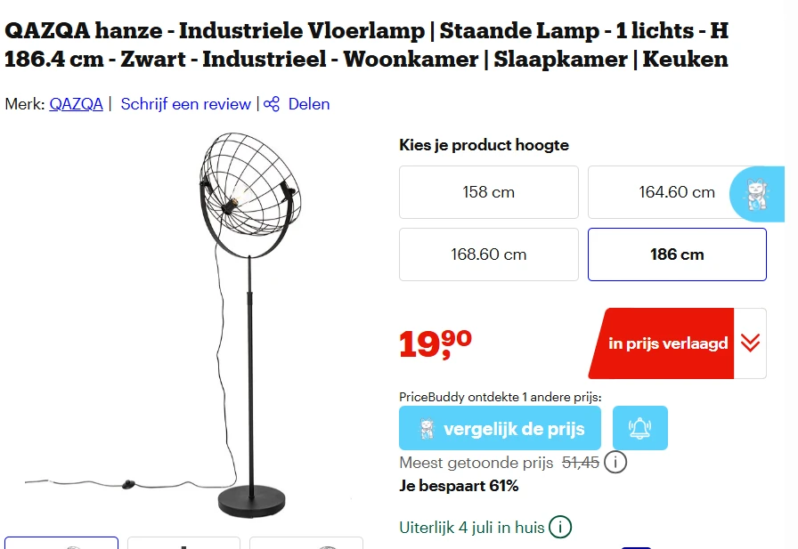 QAZQA hanze - Industriele Vloerlamp | Staande Lamp - H 186.4 cm - Zwart