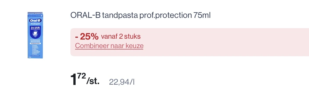 Oral b tandpasta -25% korting bovenop goedkopere prijs reactie Delhaize