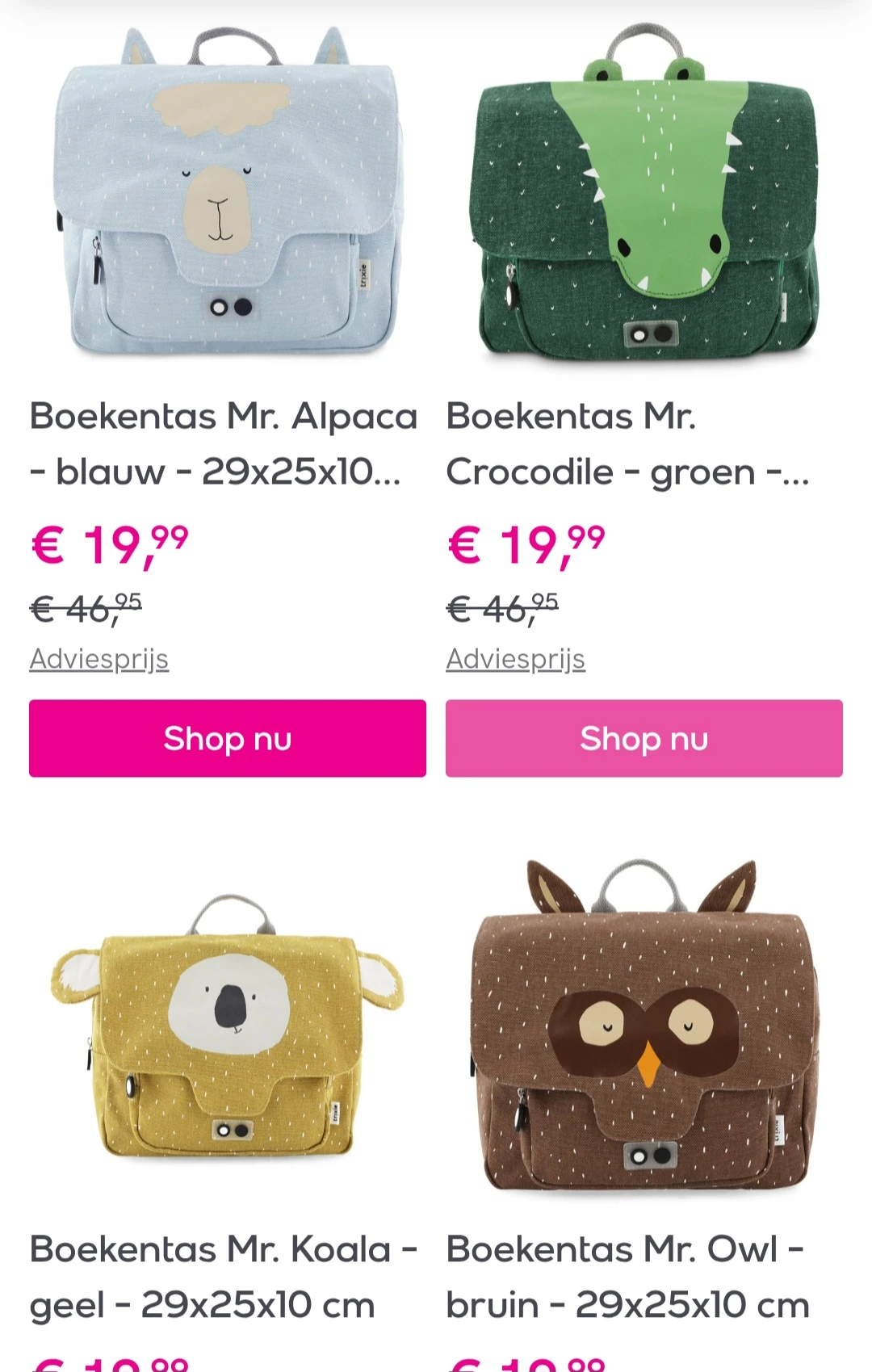 Trixie boekentas in promo op veepee.be