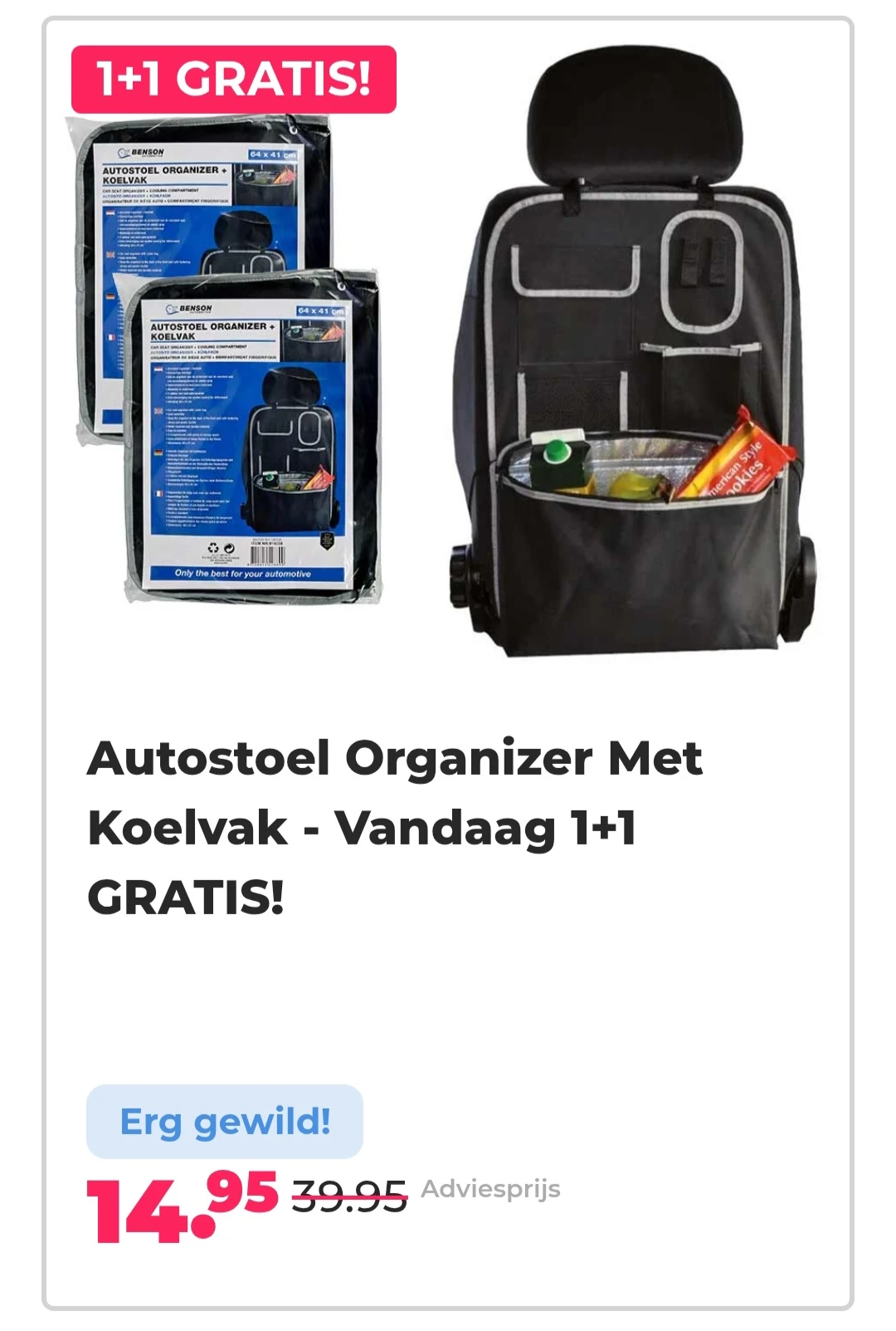 Autostoel organizer met koelvak. Vandaag 1+1 gratis. -63%