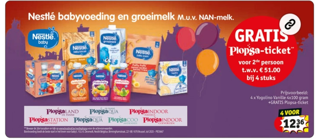 Koop 4 Nestlé Baby producten en krijg gratis Plopsa ticket bij Kruidvat