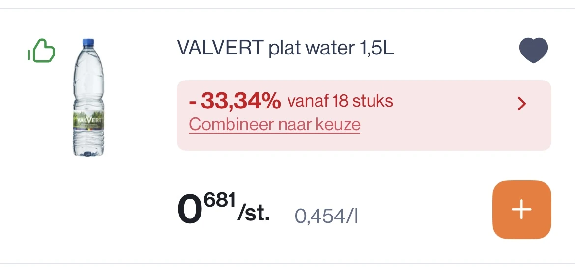 Valvert plat water 1,5L -33,34% korting bovenop reactie Delhaize