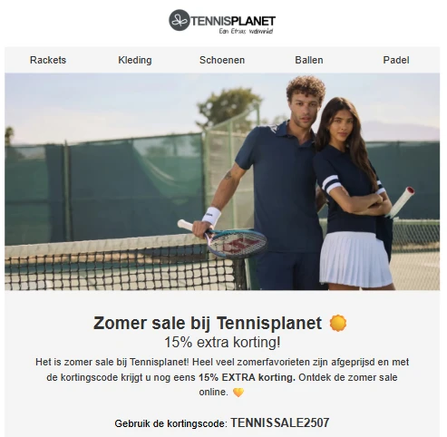 15% extra korting bovenop de solden bij Tennisplanet