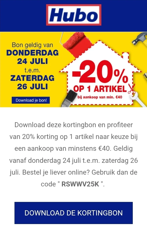 20% korting op een artikel naar keuze bij Hubo