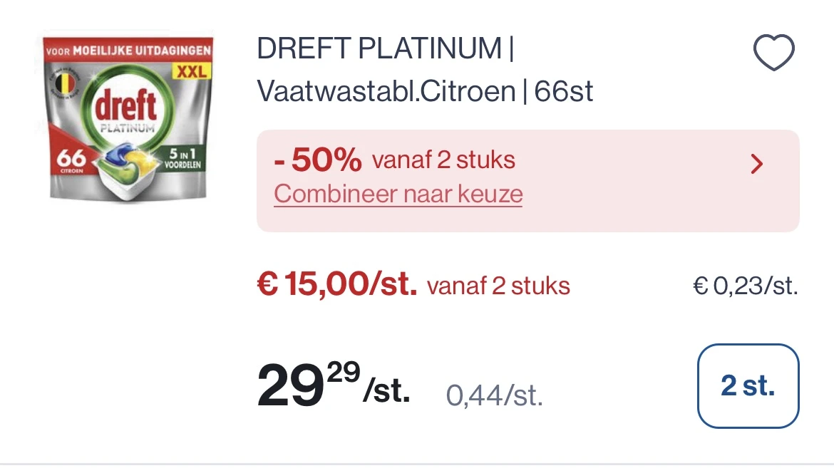Dreft vaatwastabletten platinum Citroën 66 stuks reactie Delhaize 2+2