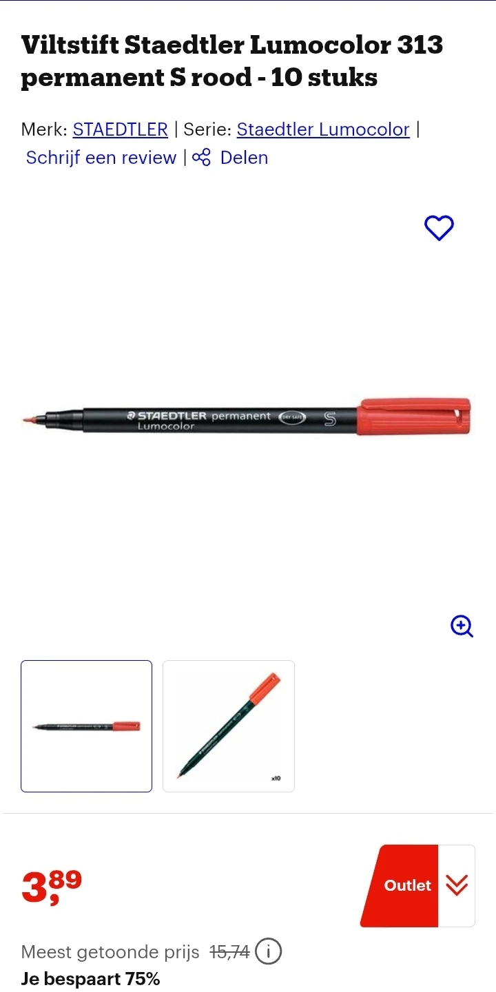 Viltstift Staedtler Lumocolor 313 permanent S rood - 10 stuks