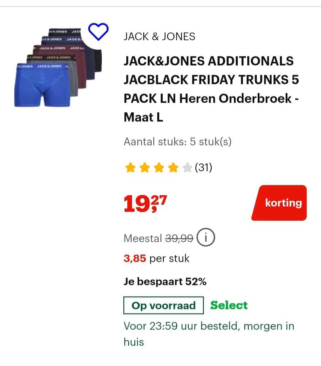 -52% op jack&jones 5pack boxershort enkel maat L en -45% op Björn Borg boxershorts