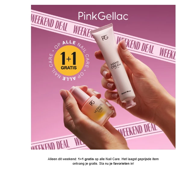 Pink Gellac: alle Nail Care 1+1 gratis