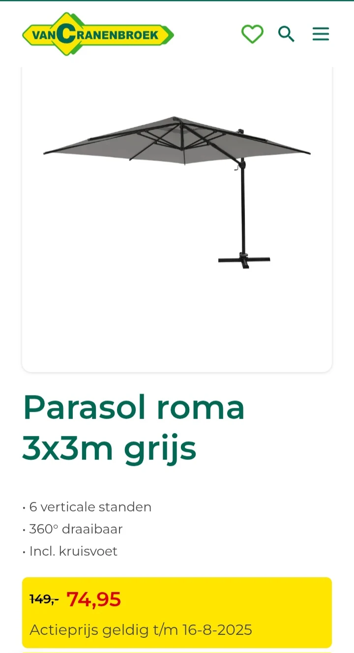 Zweefparasol Roma 3x3m kleur grijs of zand