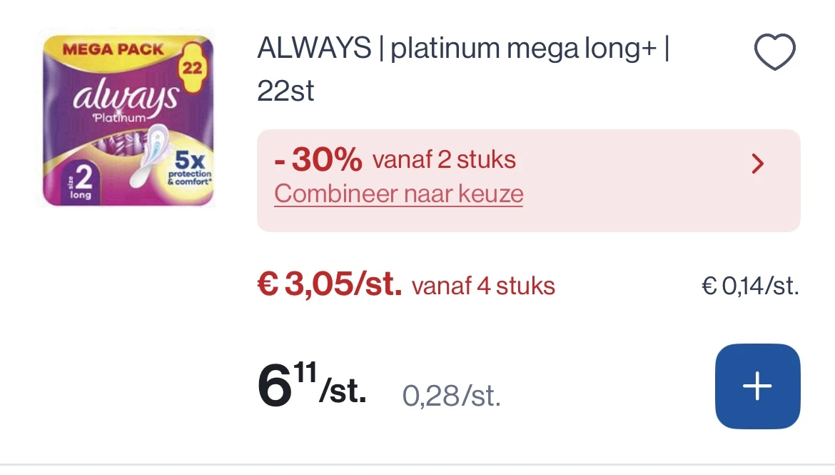 Always platinum mega long + 22 stuks -30% bovenop reactie Delhaize online