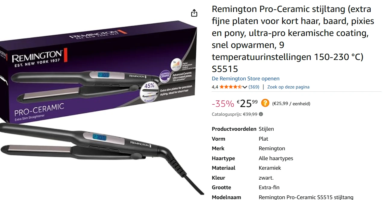 remington stijltang 25,99€ of 15,99€
