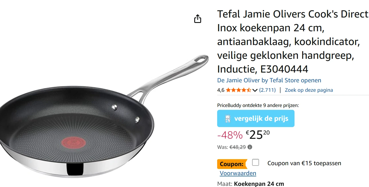 Tefal Jamie Olivers Cook's Direct Inox koekenpan 24 cm voor €10,20