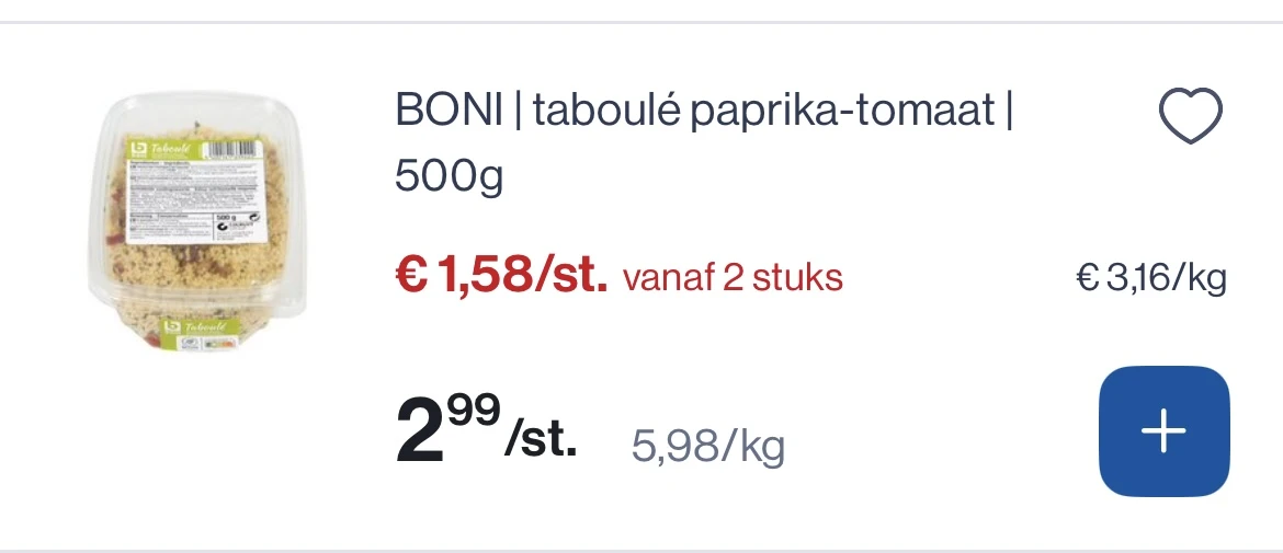 Boni taboule paprika - tomaat 500 gram reactie Carrefour 1+1