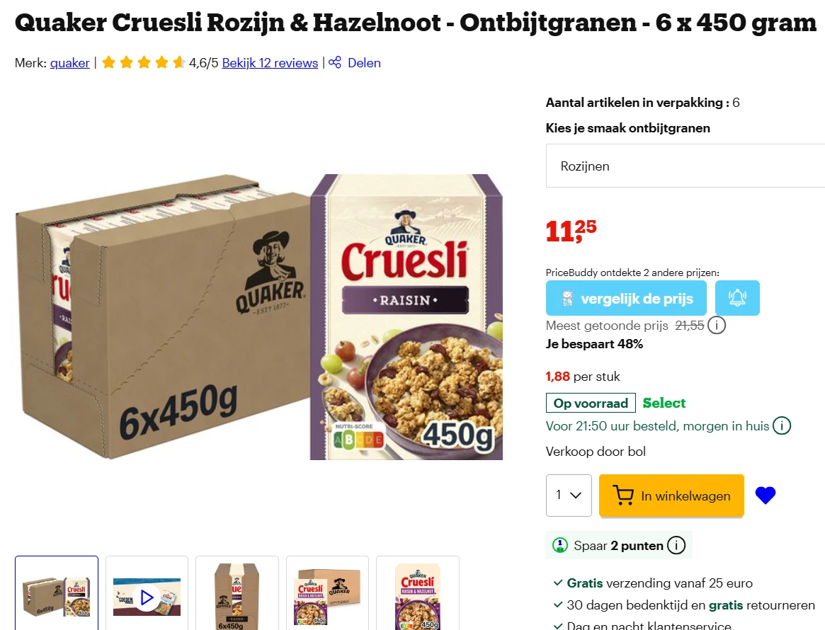 Quaker Cruesli Rozijn & Hazelnoot - Ontbijtgranen - 6 x 450 gram