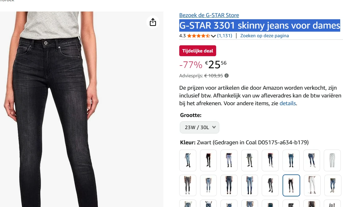 G-STAR 3301 skinny jeans voor dames nu voor 25,56 ipv 109,9€