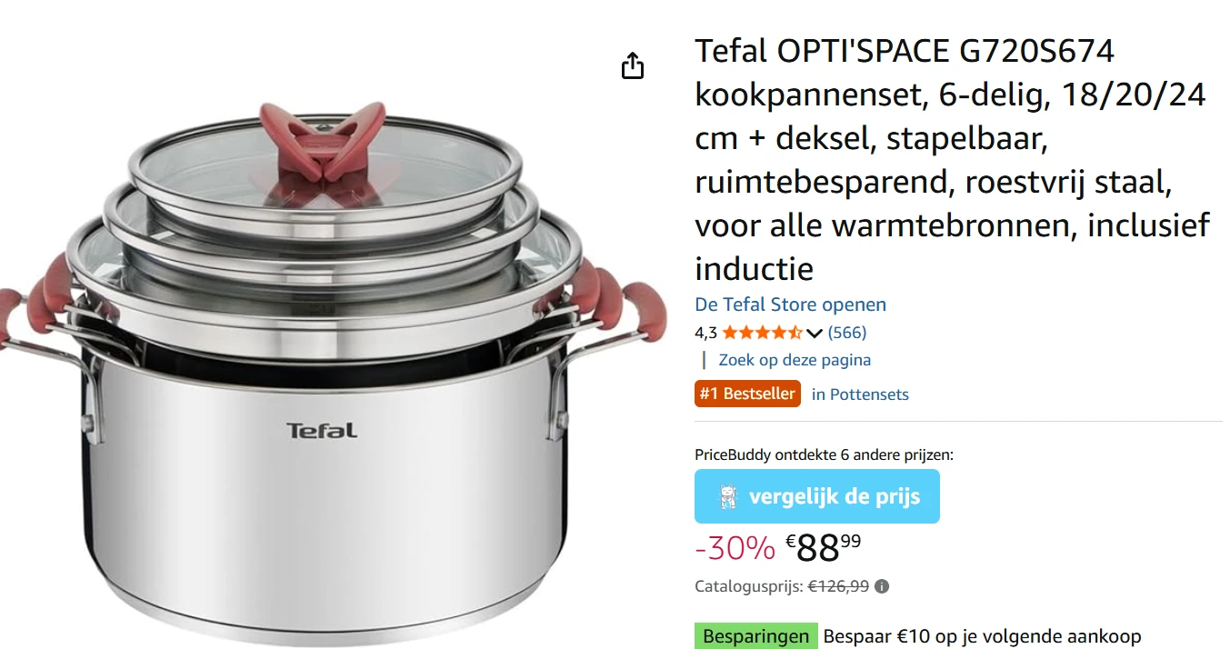 Tefal 6-delige kookpannenset voor €78,99 euro ipv €126,99 bij Amazon België