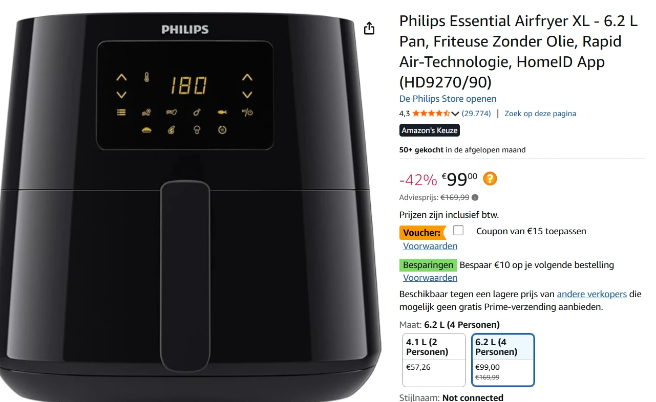 Philips Essential Airfryer XL - 6.2 L bij amazon voor 84(of74)en 10 euro te goed