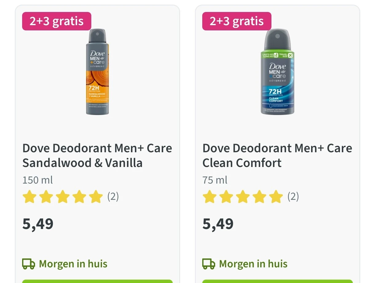 Dove men aan 60% korting en 2+3 gratis bij Plein