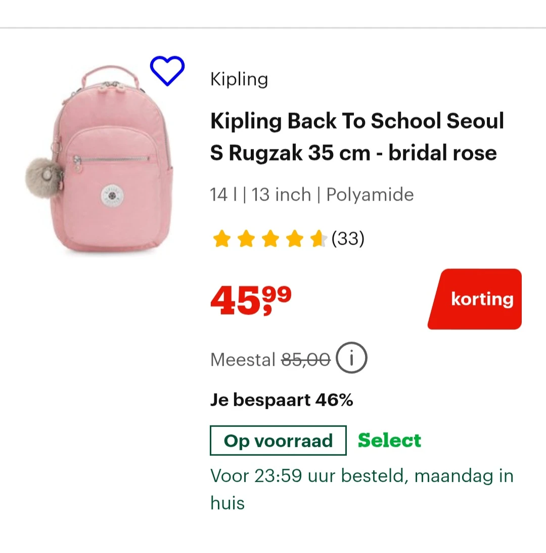 Kipling roze rugzak 35 cm -46% bij Bol