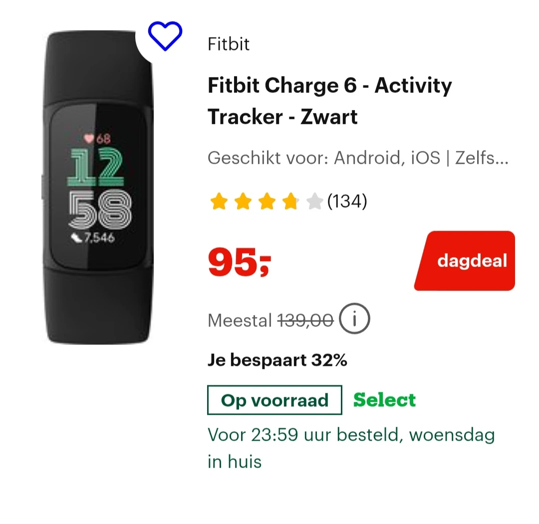 Dagdeal Fitbit Charge 6 - Activity Tracker - Zwart -32% op bol.com