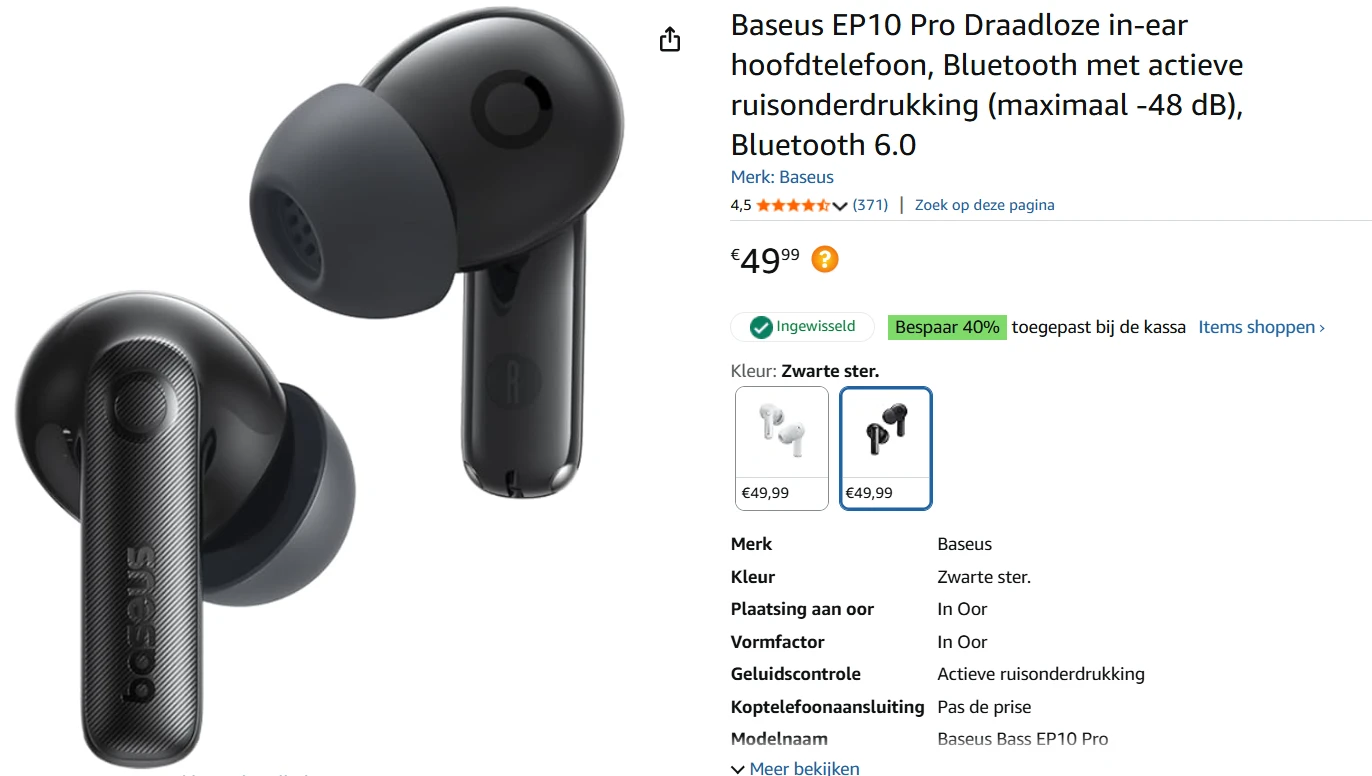 Draadloze in-ear hoofdtelefoon bij amazonbe
