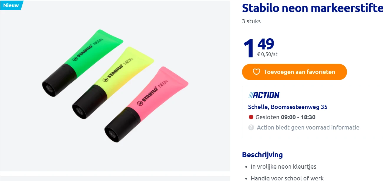 Stabilo Neon markeerstiften aan €0,50/stuk bij Action