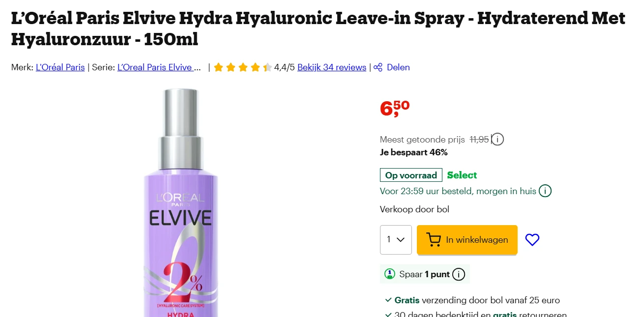 L’Oréal Paris Elvive Hydra Hyaluronic Leave-in Spray - 6.50€