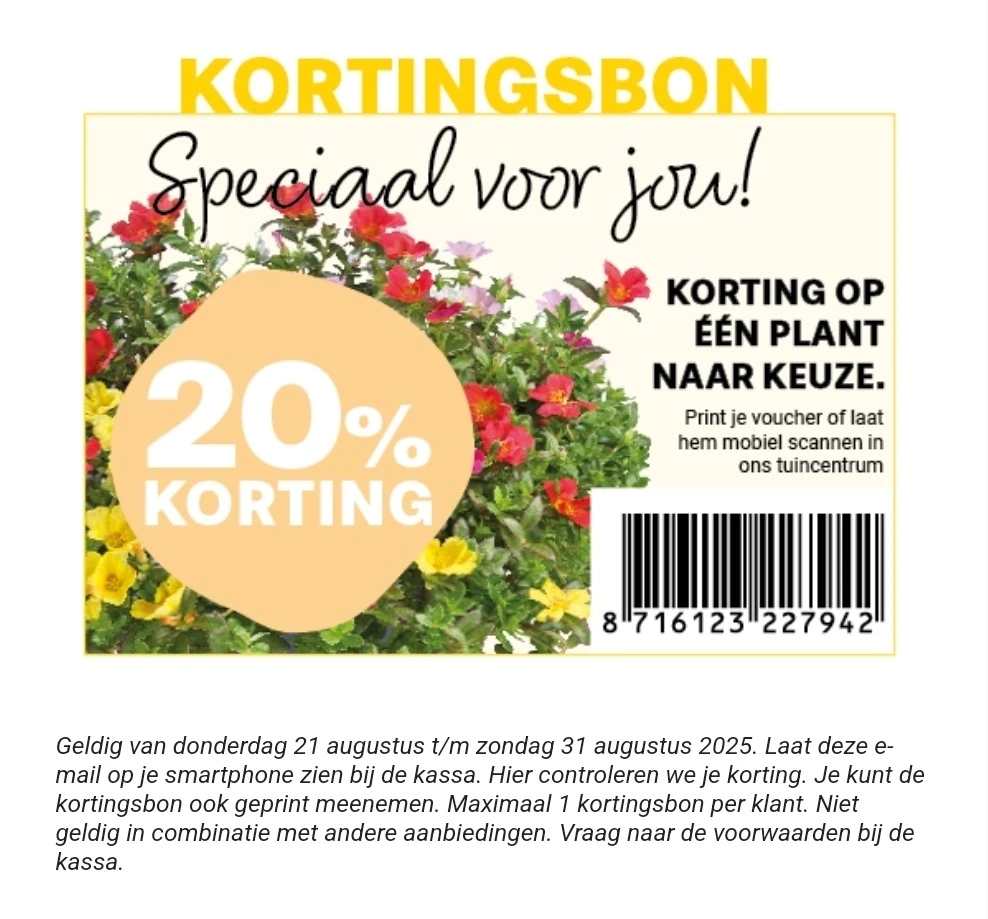 20% korting op één plant naar keuze bij Tuincentrum Meijers