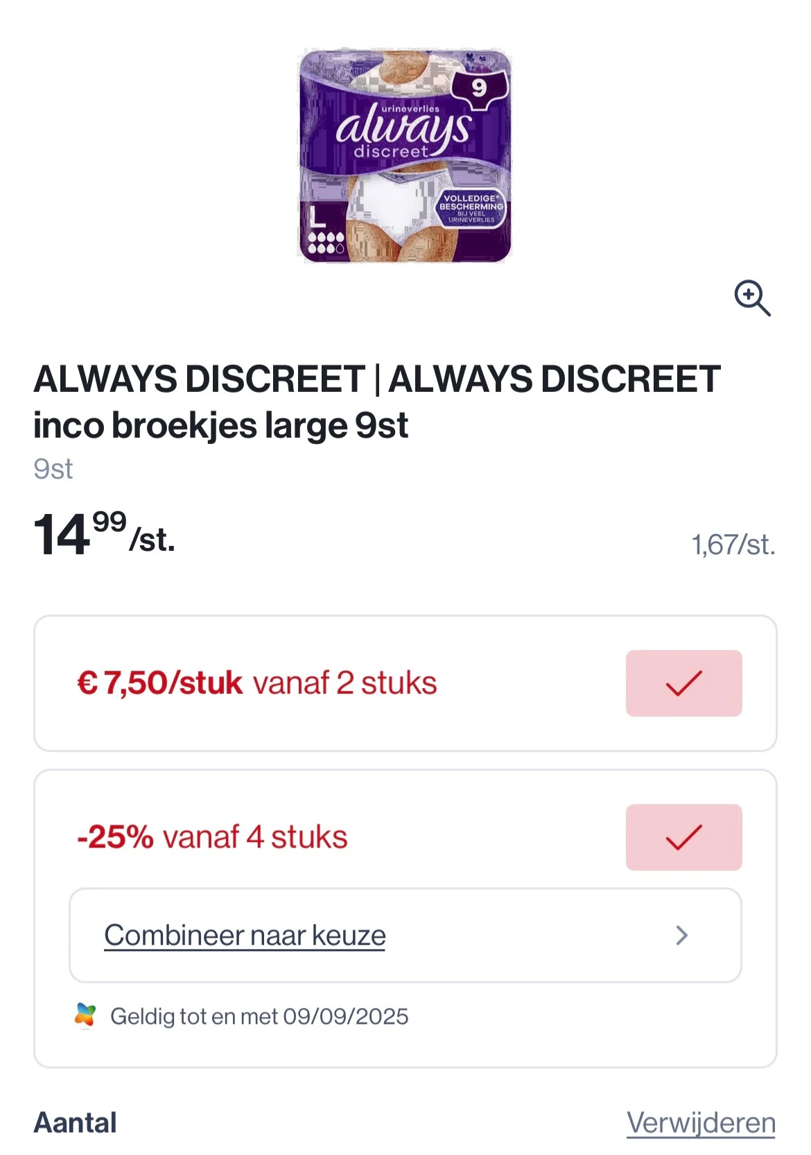 Always discreet broekjes large 9 stuks -25% extra + coupons nog goedkoper