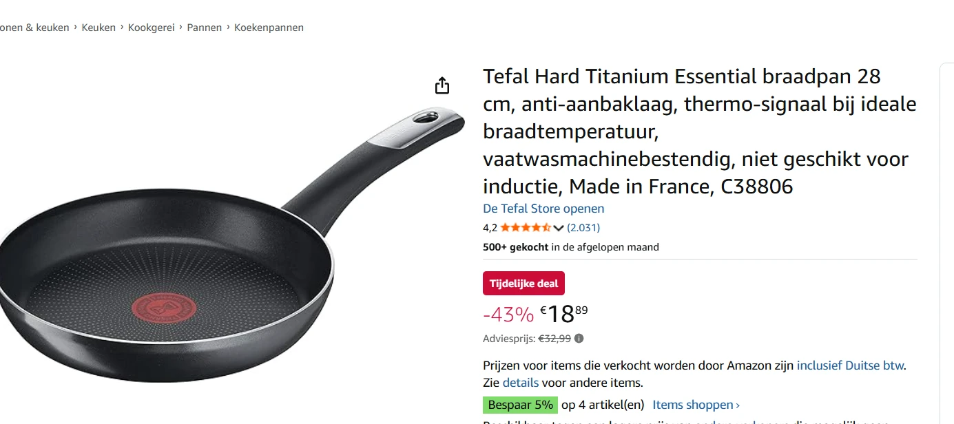 Tefal Hard Titanium Essential braadpan 28cm 18.89€
